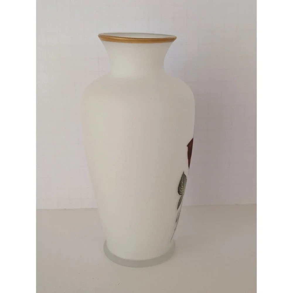 Vintage‎ Napcoware Frosted Satin Glass Vase Red Rose Floral Gold Rim Japan